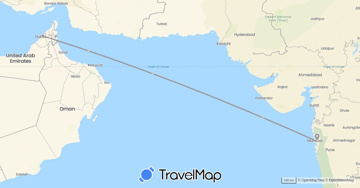 TravelMap itinerary: plane in United Arab Emirates, India (Asia)
